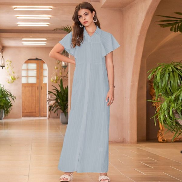Solid Color Lapel Lotus Leaf Sleeve Long Commuter Sweet Big a Swing Loose and Versatile Blue Woman Dress