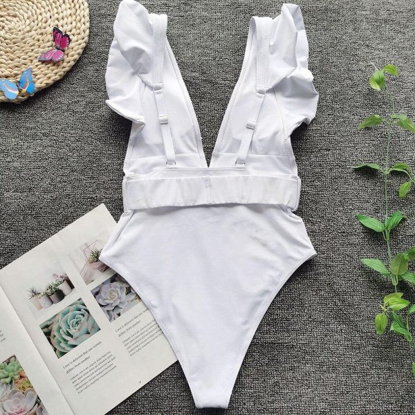 Ruffles White One Piece Swimsuit 2021 New Arrival Padded Deep V-Neck Belt Sexy Swimwear Women Bathing Suit Monokini - Hplify
