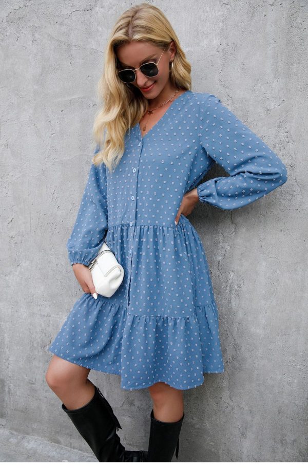 Fashionable Women Summer Dress For Ladies Buttoned Polka Dot Sexy V Beck Long Puff Sleeve Dress