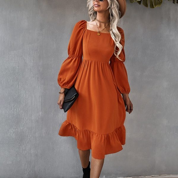 Women Autumn Square Collar Long Sleeve Solid Color A Line Causal Dress Ladies Fashion All Match High Waist Dress