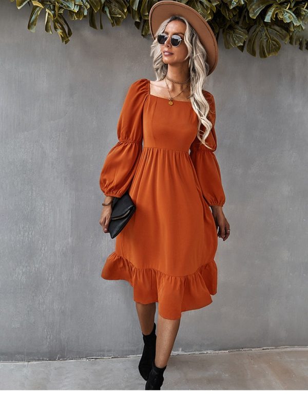 Women Autumn Square Collar Long Sleeve Solid Color A Line Causal Dress Ladies Fashion All Match High Waist Dress
