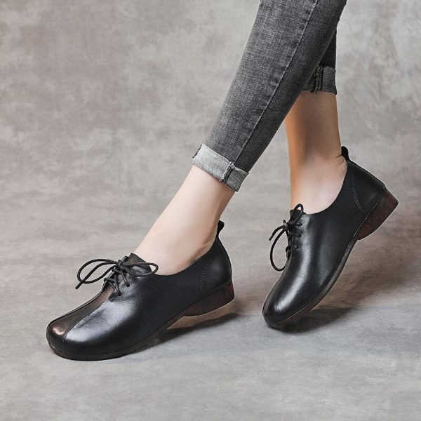 Handmade Women Flat Shoes Genuine Leather Casual Oxford Shoes For Women Flats Spring Round Toe Retro Ladies Shoes