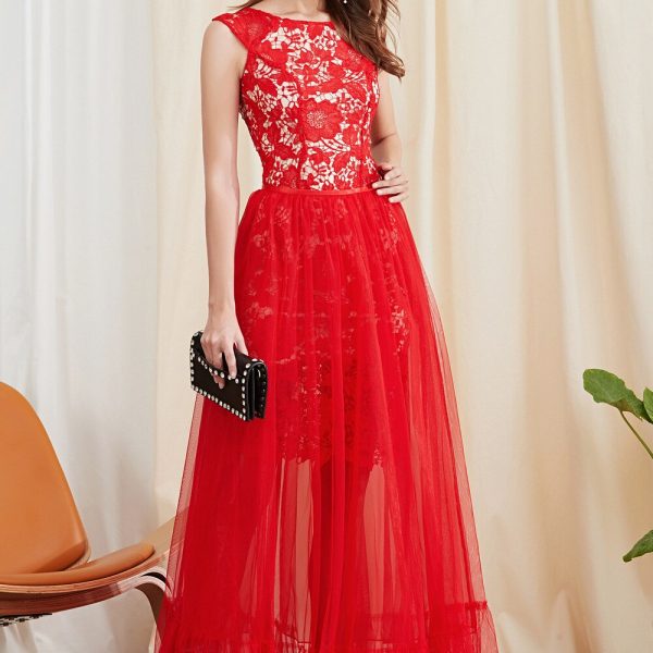 Women's Twinsets Prom Slash Neckline Short Sleeves Embroidery Lace Dresses with Ruffles Skirts Fashion Two Piece Dress Sets