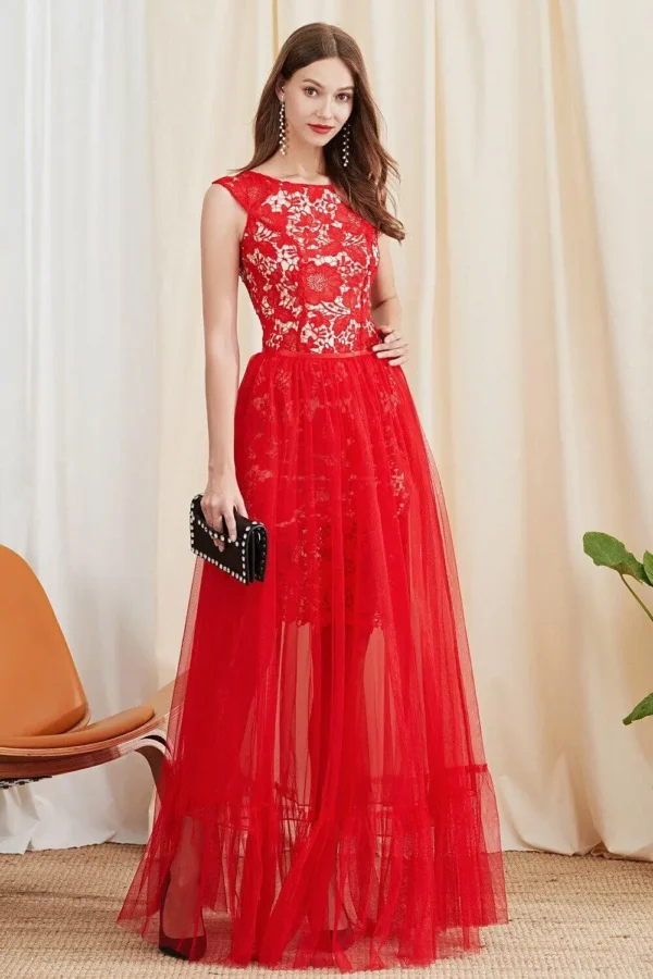 Women's Twinsets Prom Slash Neckline Short Sleeves Embroidery Lace Dresses with Ruffles Skirts Fashion Two Piece Dress Sets