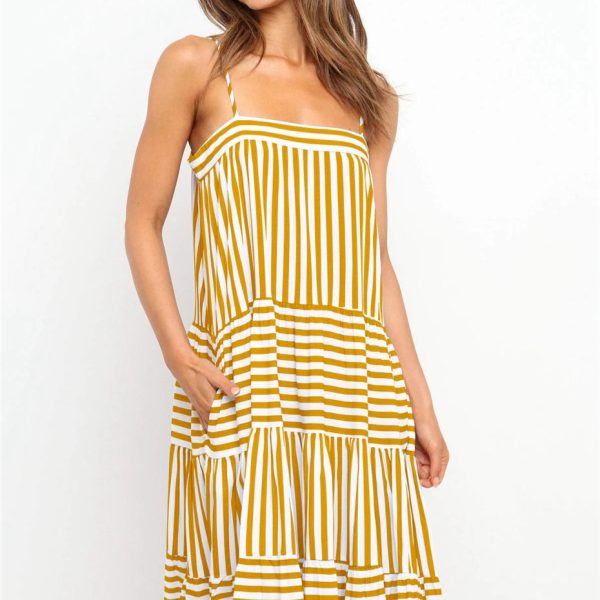 Loose Striped Spaghetti Strap Dress Women Spring Summer Patchwork Backless Medium Long Ladies Sling Dress