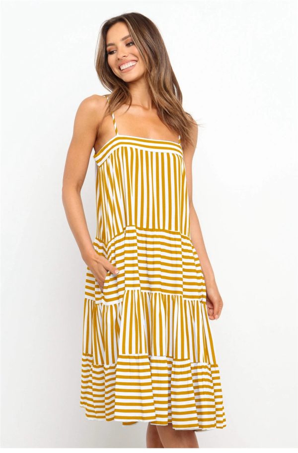 Loose Striped Spaghetti Strap Dress Women Spring Summer Patchwork Backless Medium Long Ladies Sling Dress