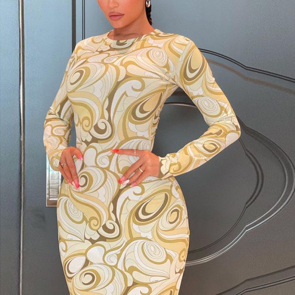 Sexy Printed Long Sleeve Bodycon Dresses for Women  Fall Fashion Kylie Inspired Casual Midi Dress C85-BD23