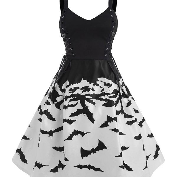Halloween Bat Print Sweetheart Lace Up Dress Summer Vintage Retro Rockabilly Pin Up Dress Plus Size S-2XL