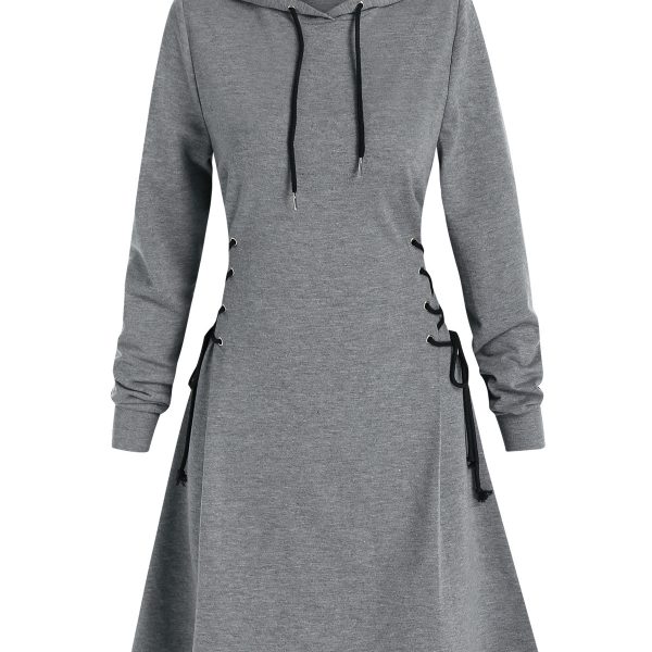 Alternative view of Women Long Sleeve Autumn Dress Drawstring Lace Up Hoodie Gothic Mini Dress