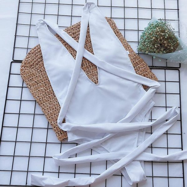 2021 Sexy Plunging Swimsuit One Piece High Cut Swimwear Women Cross Bandage Beachwear Summer Backless Bathing Suit Women - Hplify