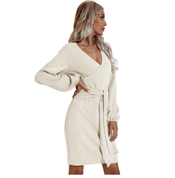 Fashionable Long Sleeve Bag Hip V Neck Tie Solid Color Casual Dress For Women Autumn Winter All Match Dresses