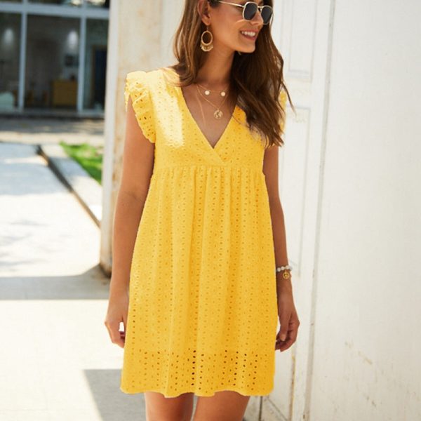 Alternative view of Solid Hollow Out Short Dress Women Sexy V Neck Butterfly Sleeve Lace Oversize Loose Summer Ladies Dresses