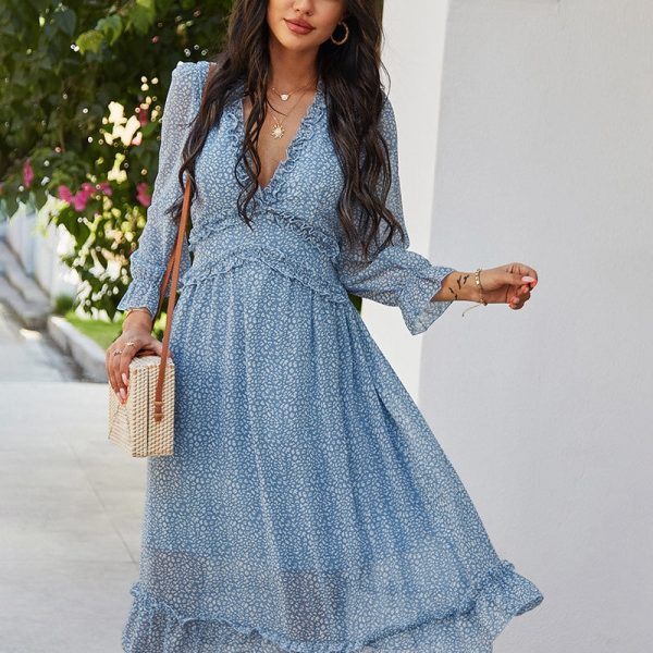 Sexy V Neck Floral Dress Ladies Butterfly Sleeve High Waist Casual Print Dresses For Women Summer Chiffon Dress