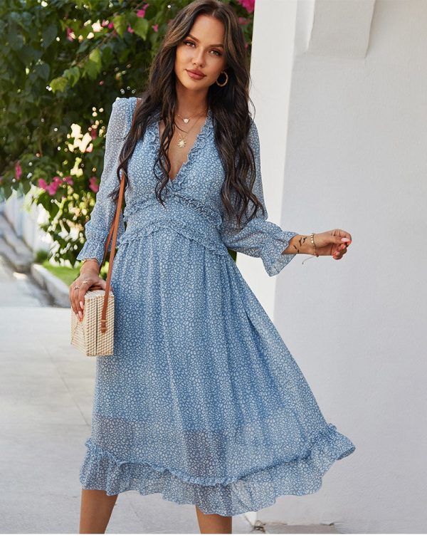 Sexy V Neck Floral Dress Ladies Butterfly Sleeve High Waist Casual Print Dresses For Women Summer Chiffon Dress