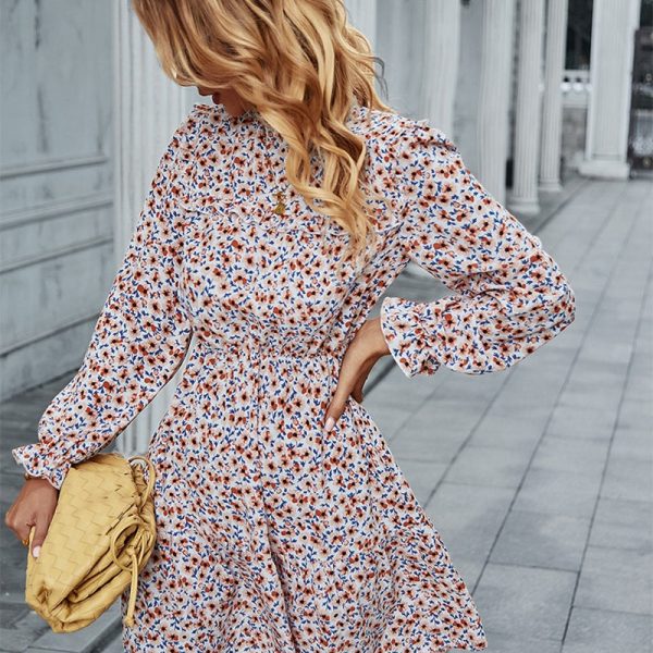 Alternative view of Ruffles Slim Print Short Dress Women Casual Stand Collar Full Sleeve Autumn Winter High Waist Floral Dresses