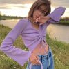 LVINMW V Neck Flare Sleeve Long Drawstring Slim Purple Crop Top Pleated Solid Simple Sweet T Shirts Women Casual Autumn Tops - Hplify
