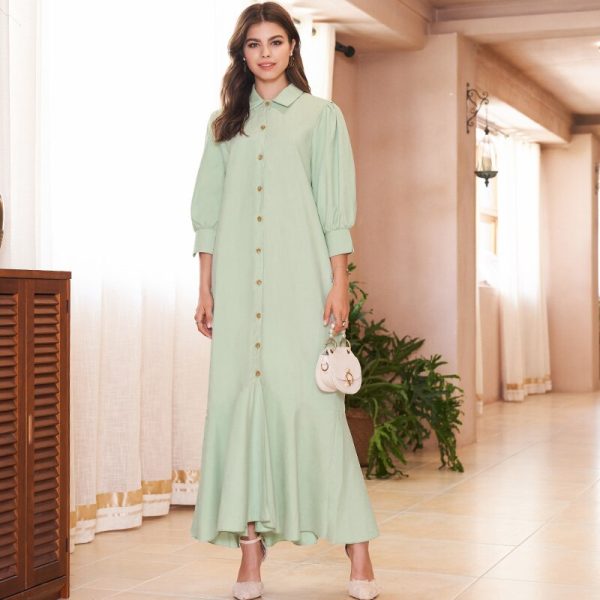Ladies Summer Fashion Temperament Solid Color Western Style Single-breasted Ruffled Fishtail Sweet Long Wild Dress