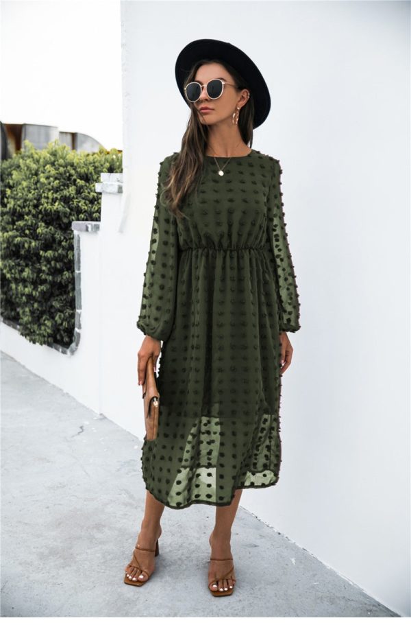 Spring Autumn Long Sleeve Jacquard Hair Ball Dress For Women O Neck Waist Casual All Match Solid Color Long Dress