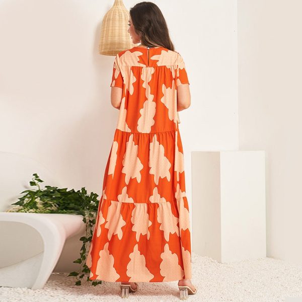 Alternative view of Temperament Round Neck Short Sleeve Long Holiday Sweet Pleated Big Swing Dress
