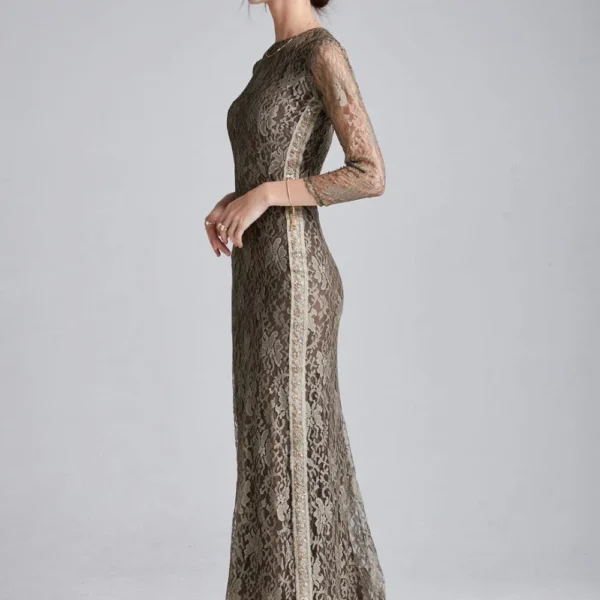 Alternative view of Women's Runway Dresses O Neck 3/4 Sleeves Beaded Sequined Lace Fashion Long Party Prom Dresses
