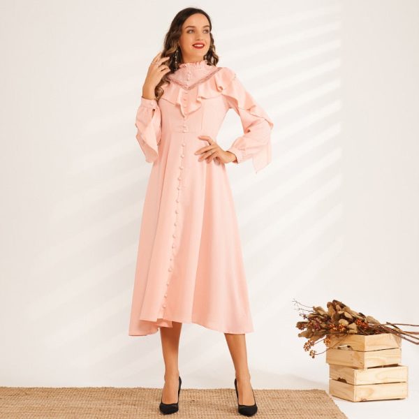 Solid Color Lace Ruffled Stitching Small Stand-up Collar Long-sleeved High-waisted Sweet Pink Dress