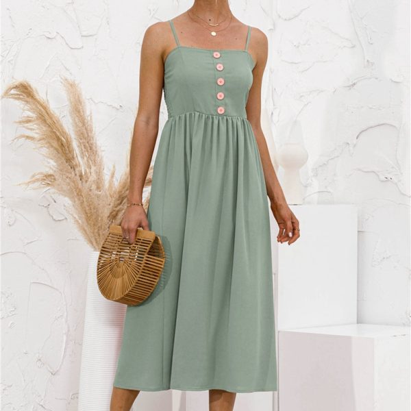 Alternative view of Summer Women Spaghetti Strap Button Dress Party Beach Sundress Ladies Solid Sexy Long Dresses Female Sweet