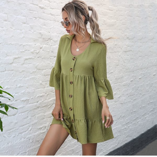 Solid Half Sleeve Short Dress Women Casual Spring Summer Single Breasted Shirring Ladies Party Mini Shirt Dresses