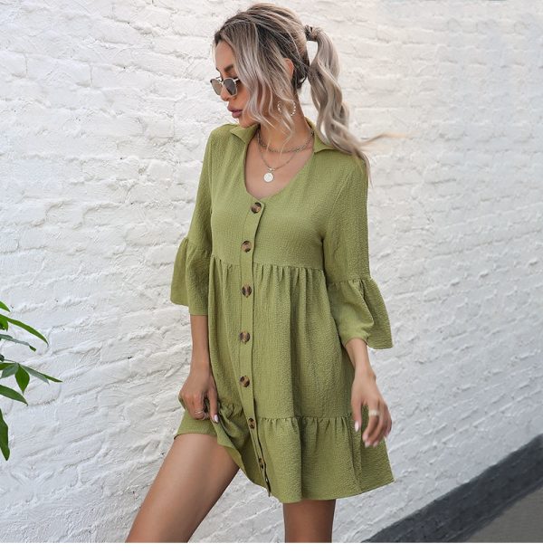 Solid Half Sleeve Short Dress Women Casual Spring Summer Single Breasted Shirring Ladies Party Mini Shirt Dresses