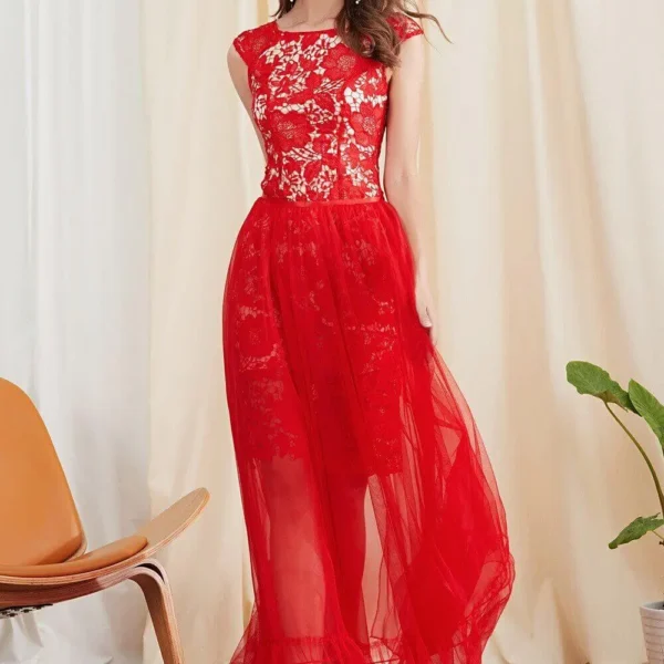 Alternative view of Women's Twinsets Prom Slash Neckline Short Sleeves Embroidery Lace Dresses with Ruffles Skirts Fashion Two Piece Dress Sets