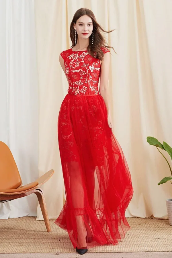 Alternative view of Women's Twinsets Prom Slash Neckline Short Sleeves Embroidery Lace Dresses with Ruffles Skirts Fashion Two Piece Dress Sets