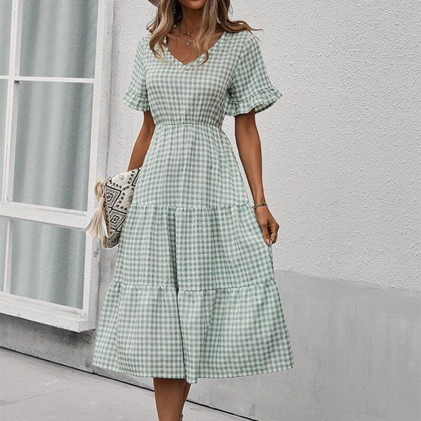 Alternative view of Spring Summer Plaid Casual Long Dress Women V Neck Slim High Waist Ladies A Line Party Maxi Dress