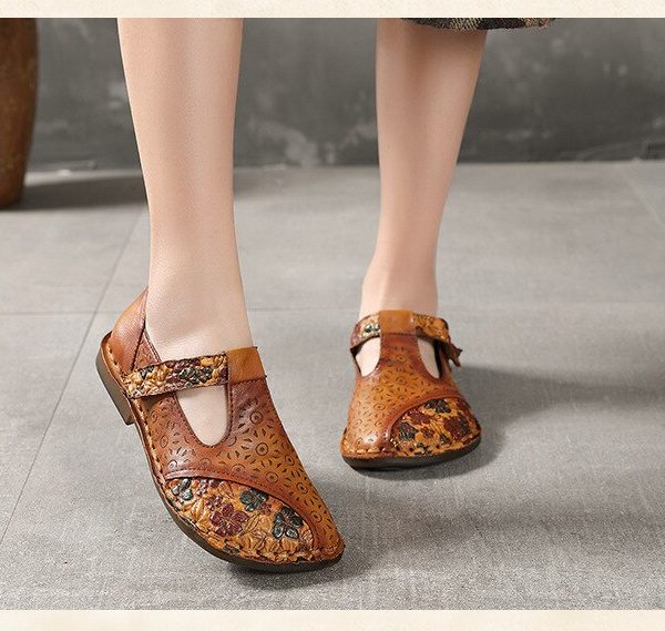 Alternative view of Spring Flats Women Shoes Retro Genuine Leather Hook & Loop Round Toe Casual Shallow Flower Ladies Shoes