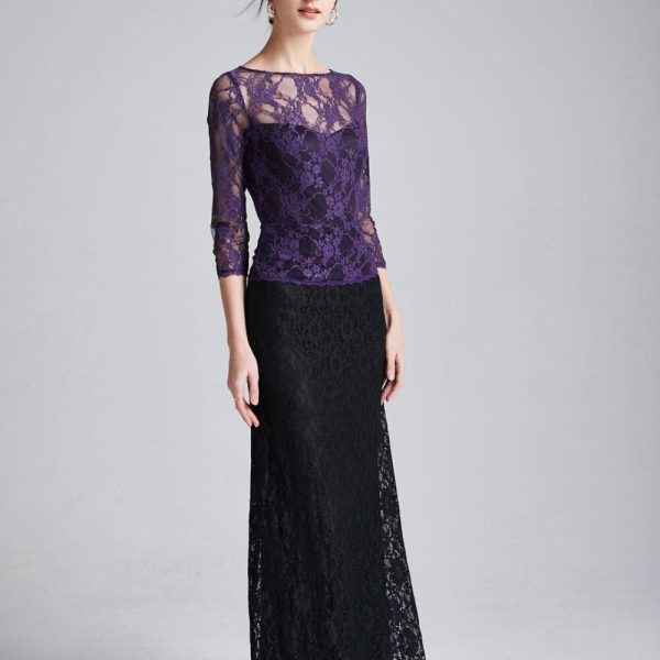 Alternative view of Women's Runway Dresses O Neck 3/4 Sleeves Embroidery Lace Color Block Fashion Long Party Prom Dresses