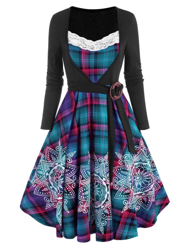 Plaid Bohemian Flower Print Lace Insert O Ring Belted Dress Casual Women Long Sleeve Office Daily Party Dress Vestidos