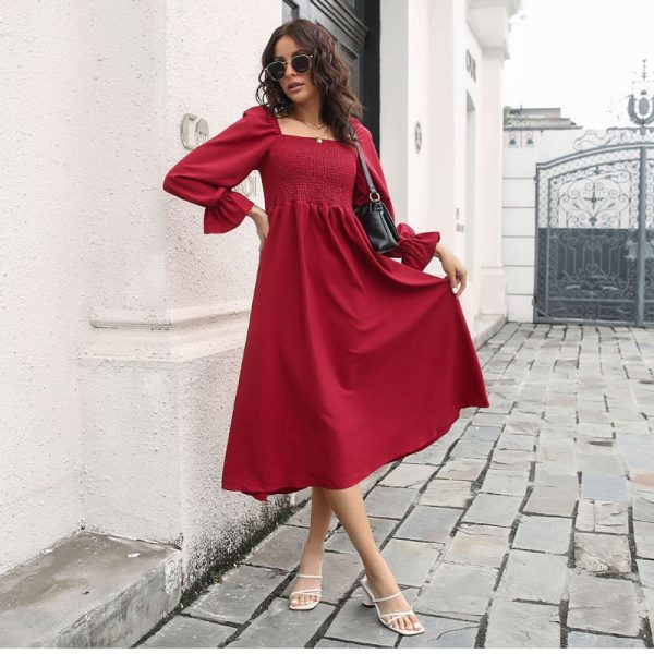 Alternative view of Spring Flare Sleeve Pleated Dress For Women Slash Neck Solid Medium Long High Wasit Party Dresses Female Casual