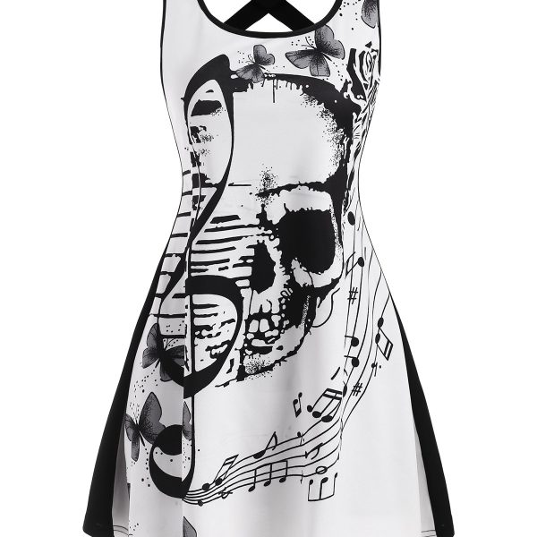 Skull Musical Note Butterfly Print Criss Cross Tank Dress Women Casual Sexy Mini Tunic Dress Daily Office Dress Vestidos