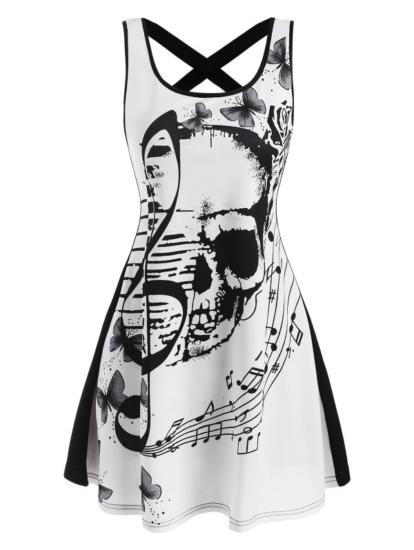 Skull Musical Note Butterfly Print Criss Cross Tank Dress Women Casual Sexy Mini Tunic Dress Daily Office Dress Vestidos