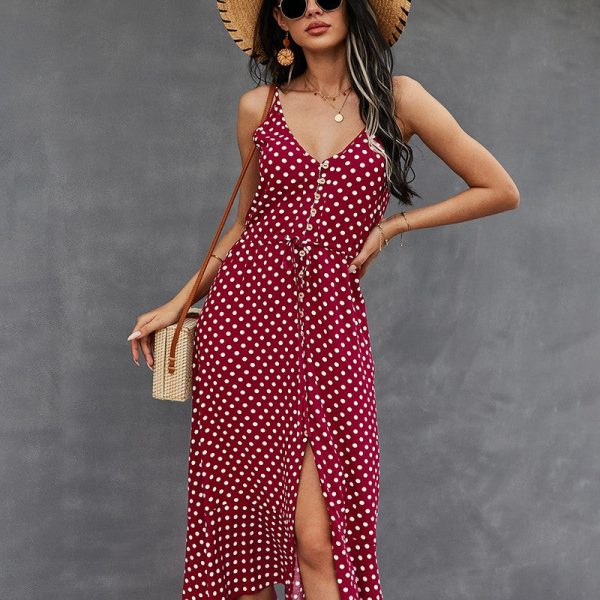 Alternative view of Spring Polka Dot Spaghetti Strap Dress Women Casual V Neck Holiday Style Bandage Dress Ladies High Wasit Summer Dresses