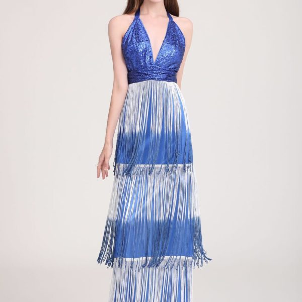 Women's Party Dress Sexy Low V Back Sequined Bodice Spaghetti Straps Tiered Tassels Fashion Long Prom Dresses