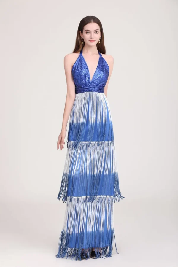 Women's Party Dress Sexy Low V Back Sequined Bodice Spaghetti Straps Tiered Tassels Fashion Long Prom Dresses