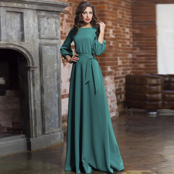 Bandage Maxi Long Dress Lantern Sleeve O Neck A-Line Pocket Casual Temperament Fashion  Summer Beach Style