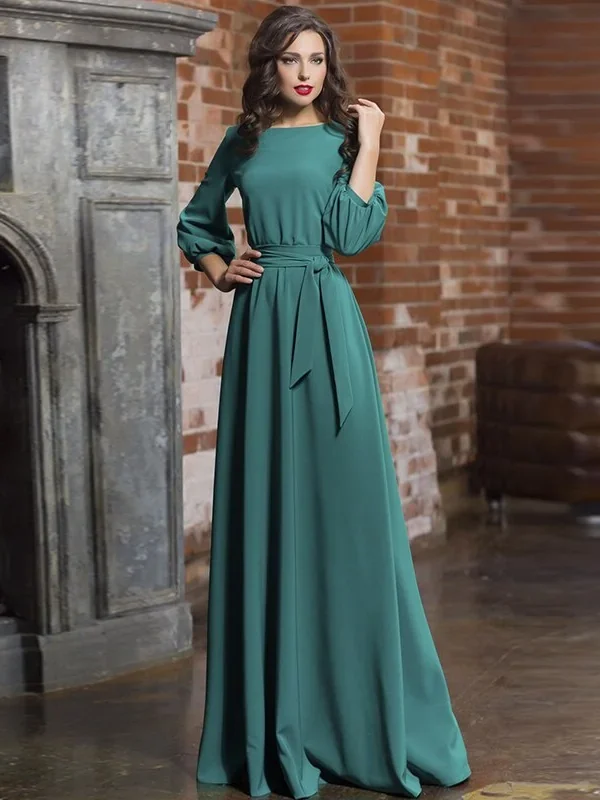 Bandage Maxi Long Dress Lantern Sleeve O Neck A-Line Pocket Casual Temperament Fashion  Summer Beach Style