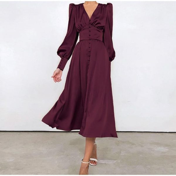 Polka Dot High Waist Midi Dresses Women V-Neck Sweet Long Puff Sleeve Elegant Dress Female 2021 Christmas Lady Party Vestidos - Hplify