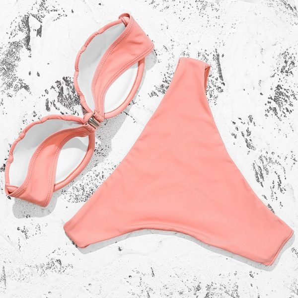 Shell Solid Bikinis Hard Pack Underwire Sexy Bikini 2021 New Arrival Strapless Mid Waist Swimsuit Pink Swimwear Women - Hplify