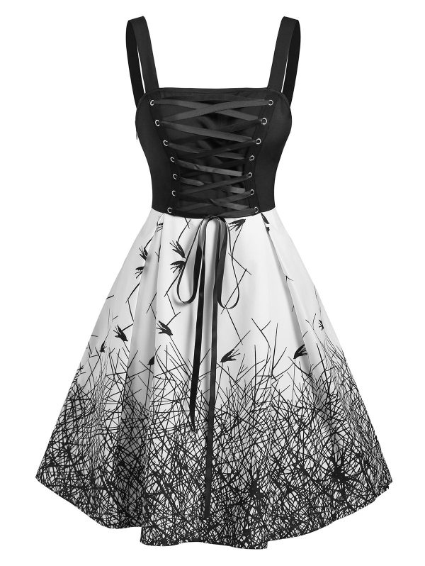Gothic Lace Up Printed Dress Sling Dresses Robe Femme Wrap Sundress