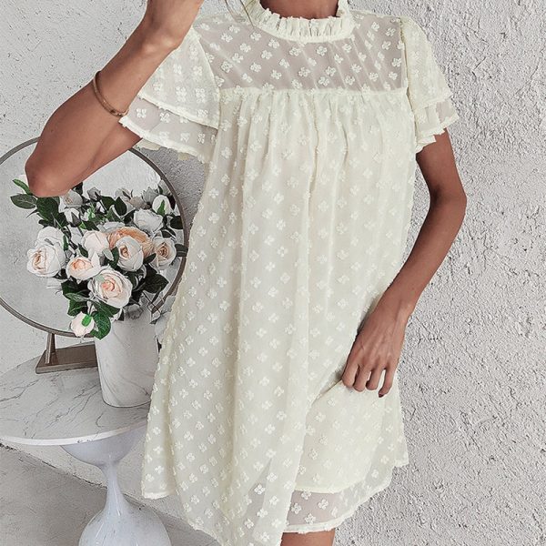 Fashion Spring Summer Sweet Solid Dress Women Ruffles Short Sleeve Stand Collar Jacquard Sexy Short Dresses Ladies Holiday Style