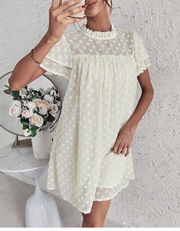 Fashion Spring Summer Sweet Solid Dress Women Ruffles Short Sleeve Stand Collar Jacquard Sexy Short Dresses Ladies Holiday Style