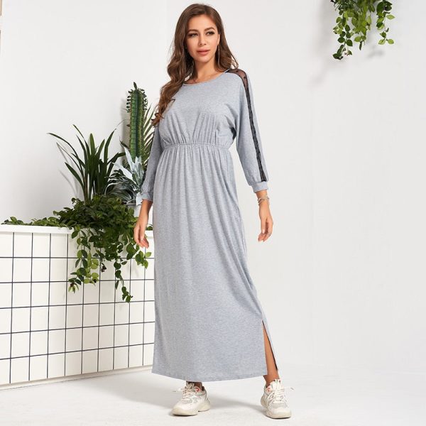 Women Casual Dress Lace Patchwork Split Hem Dress O Neck Long Sleeve Dress Women Long Dresses