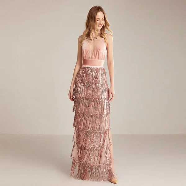 Women's Runway Dresses Sexy V Neck Velvet Patchwork Sequined Tiered Tassels Side Split Elegant Long Party Prom