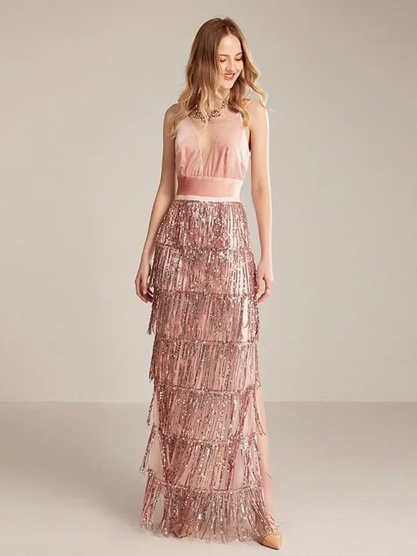 Women's Runway Dresses Sexy V Neck Velvet Patchwork Sequined Tiered Tassels Side Split Elegant Long Party Prom